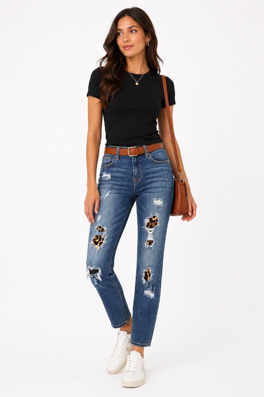 Judy Blue Leopard Patch Distressed Skinny Jeans Medium Wash Womens 7/28
